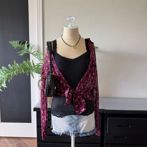 Equipment Femme 100% Silk Sheer Purple Leopard Print Tulle Button Up Size M